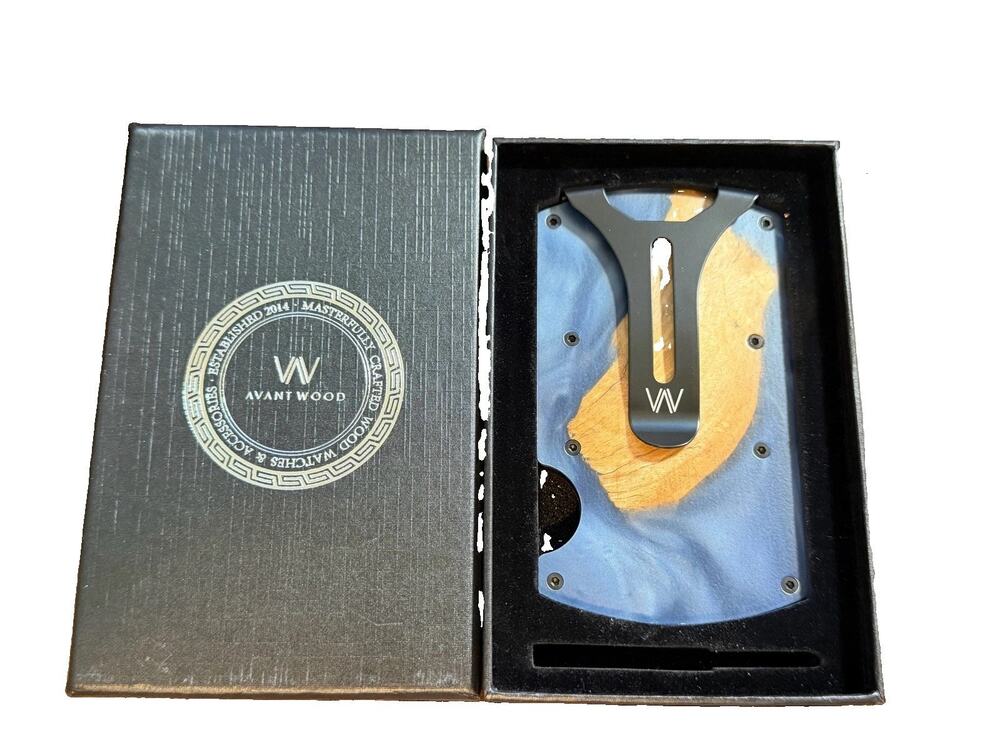 Avant Wood Minimalist Wallet Burl Wood Blue Resin RFID Money Clip